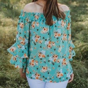 Vine & Love Sage Floral Off Shoulder Ruffle Sleeve Top